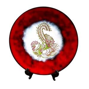 Vintage MCM 1960s Hand Painted Chicken Enameled Copper Decor Plate 11.625"